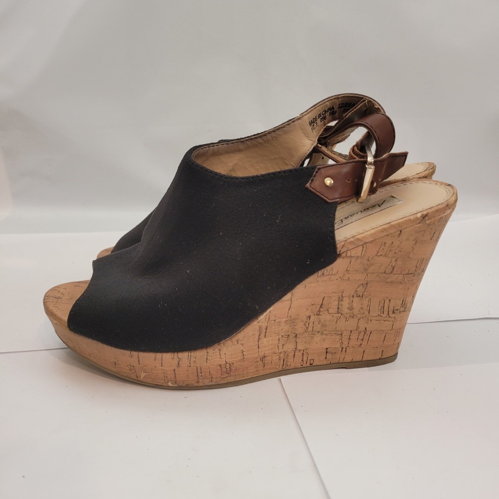 American Eagle Wedge Sandals Womens 8.5 Black Cork Platform Slingback Shoes